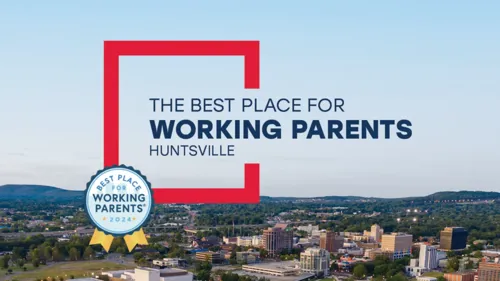 Best place for working parents with a photo of downtown Huntsville 