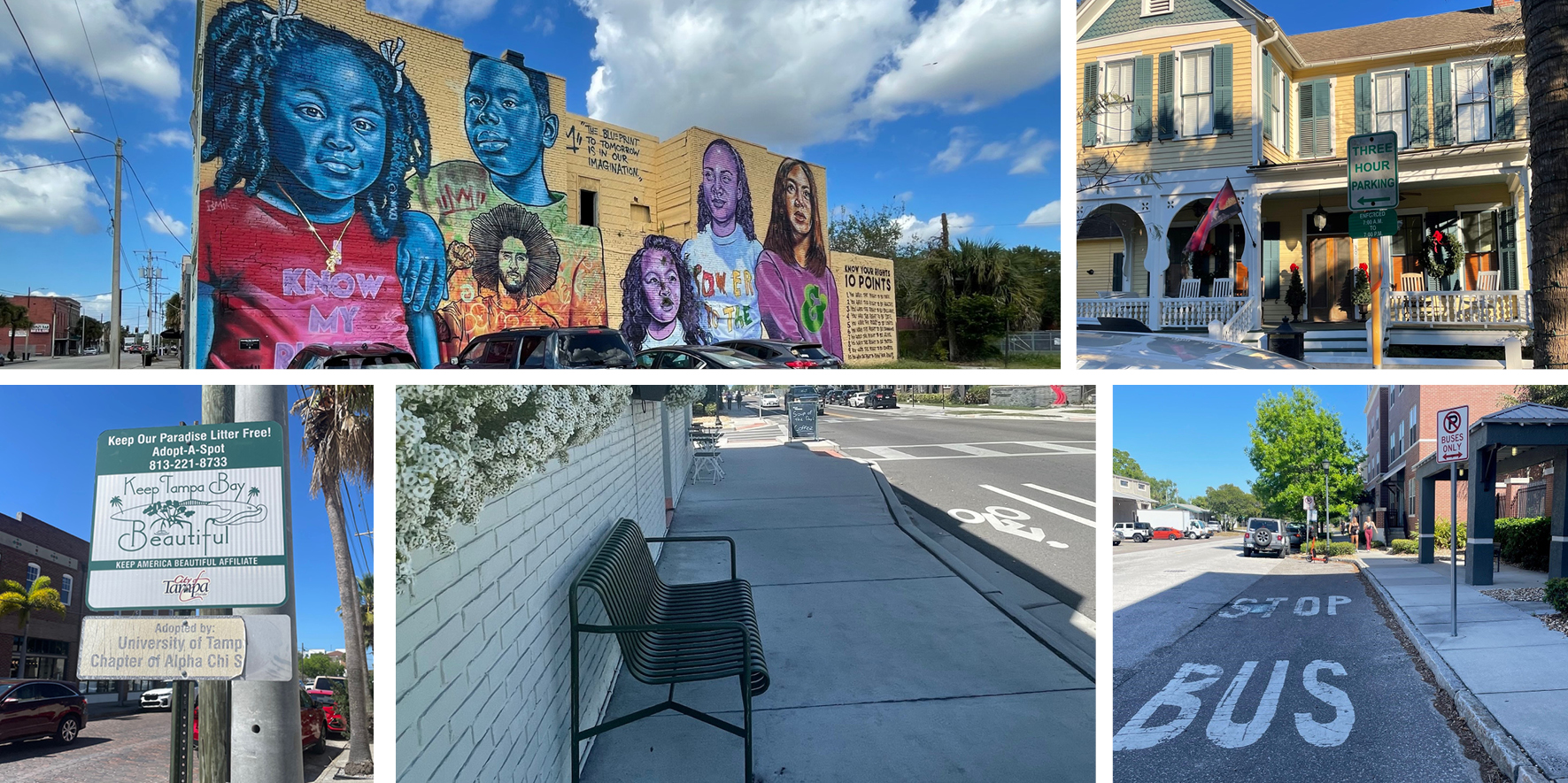 A mural and various signage around West Tampa.