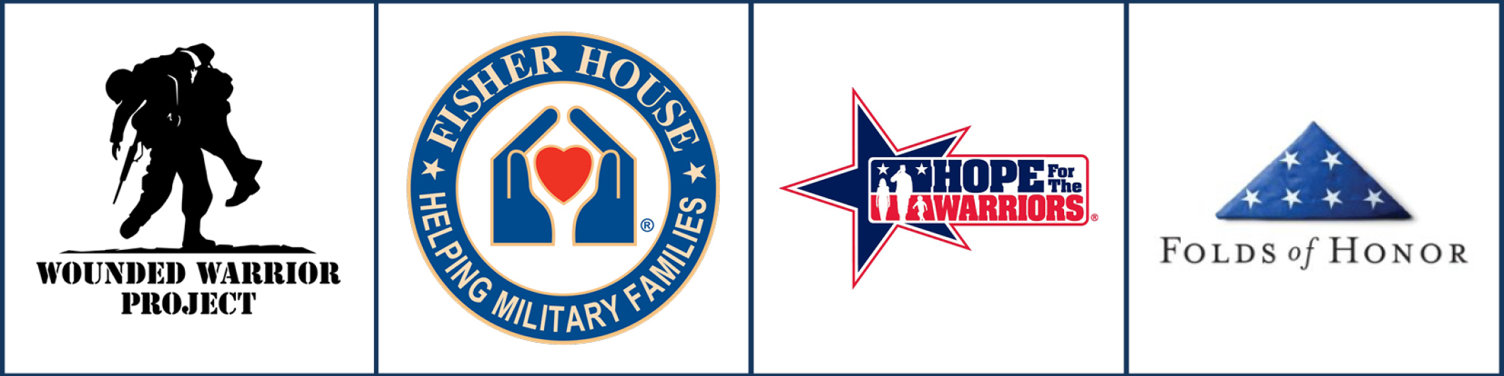 Side-by-side logos of Wounded Warrior Project, Fisher House, Hope for the Warriors, and Folds of Honor.